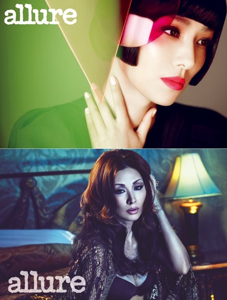 배우 손태영(위)과 이미숙의 색다른 매력이 돋보이는 뷰티화보./얼루어 코리아 제공