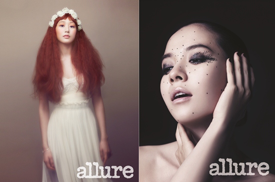 독특한 화장법으로 신비한 매력을 자아내고 있는 배우 김효진(왼쪽)과 송지효./얼루어 코리아 제공