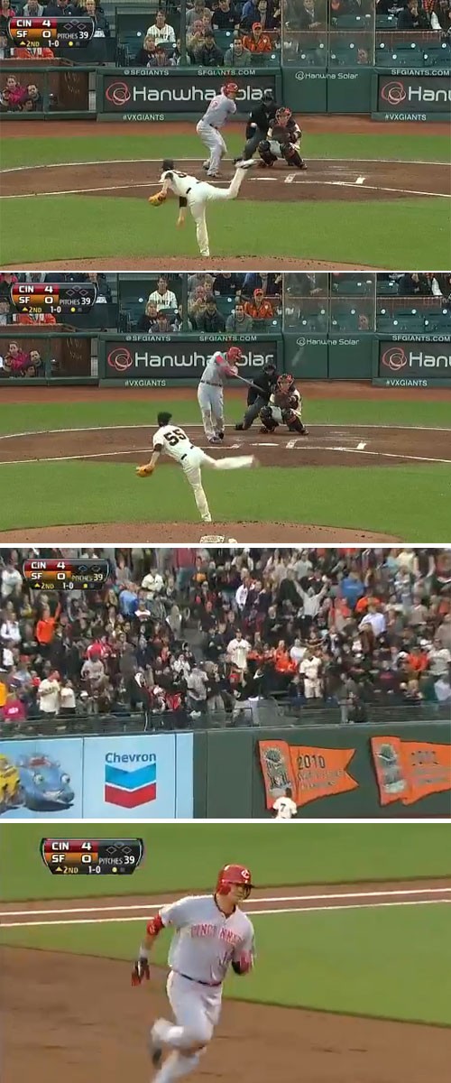 신시내티 추신수가 23일 열린 샌프란시스코 자이언츠와 원정 경기에서 2회초 상대 선발 팀 린스컴을 상대로 시즌 14호 솔로 홈런을 터뜨리고 있다. / 유튜브 영상 캡처