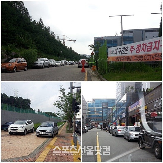 화성캠퍼스 일대 상가 단지 주변 인도 위와 차도에는 불법 주정차 차량들로 넘쳐났다.