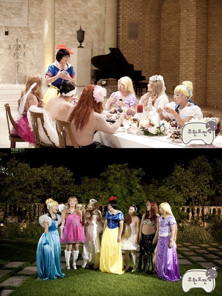 MBC 무한도전 멤버들이 동화 속 공주로 변신해 웃음기 묻어나는 여장을 천연덕스럽게 소화해내고 있다./MBC 제공