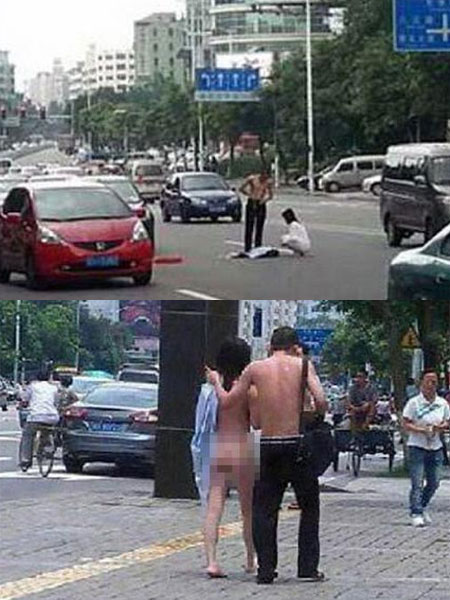 중국에서 한 커플이 길에서 나체로 다투는 장면이 화제다. / 국외 온라인 커뮤니티