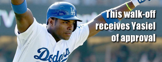 류현진의 절친 야시엘 푸이그가 29일 신시내티와 홈경기에서 연장 11회 짜릿한 끝내기 홈런을 작렬하며 팀의 1-0 승리를 이끌었다. / 다저스 홈페이지 캡처