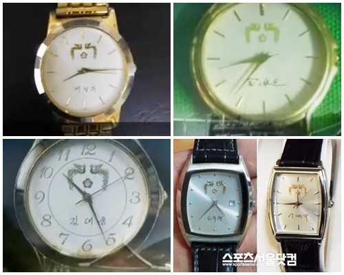 역대 대통령들은 청와대 방문객들과 포상자에게 대통령 손목시계를 기념품으로 제공했다. 사진은 박정희 전 대통령, 김영삼 전 대통령, 이명박 전 대통령, 김대중 전 대통령의 기념 시계.(왼쪽 위부터 시계방향) / 더팩트DB, JTBC 방송 화면 캡처