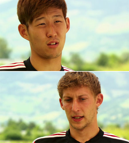 레버쿠젠의 새로운 공격조합으로 기대를 모으고 있는 손흥민(위)과 키슬링. /출처=분데스리가 홈피 영상 캡처