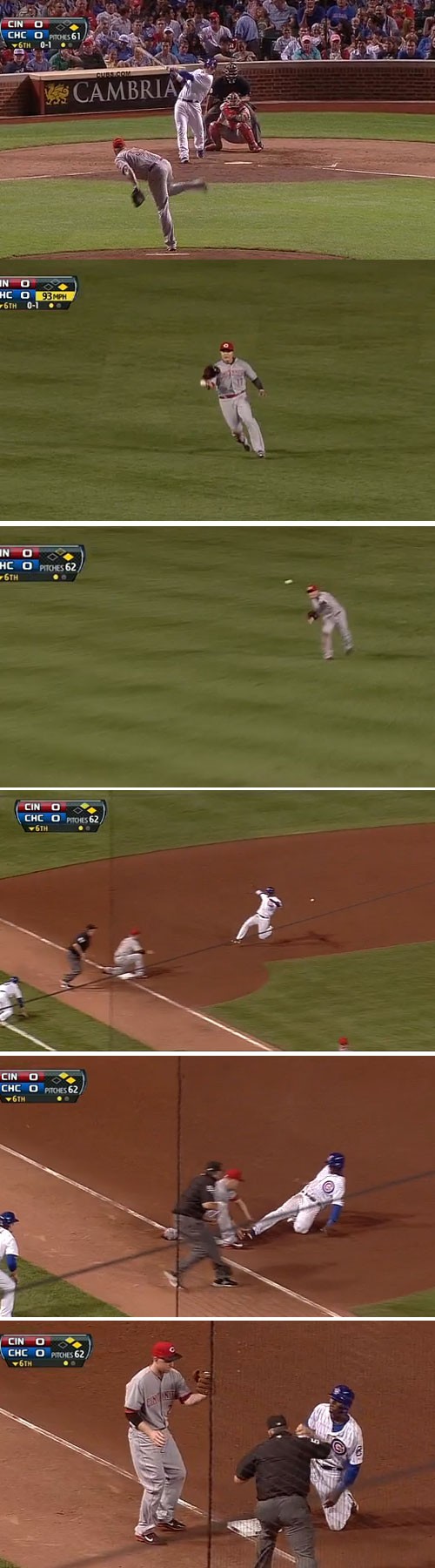 신시내티 추신수가 13일 시카고 컵스와 원정 경기에서 6회말 완벽한 송구로 3루로 향하는 1루 주자 주니어 레이크를 완벽하게 잡아내고 있다. / mlb.com