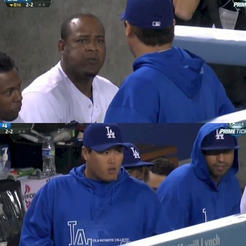 LA 다저스 류현진이 13일 열린 뉴욕 메츠와 홈 경기에서 8회말 덕아웃에서 후안 유리베의 뺨을 내리쳐 냉랭한 분위기가 연출됐다. / 유튜브 영상 캡처