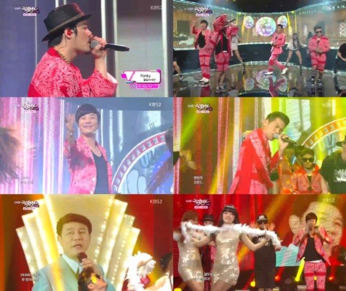 울랄라세션이 16일 오후 방송된 KBS2 뮤직뱅크에서 신곡 퐁키로 성공적인 컴백을 알리고 있다./KBS2 뮤직뱅크 방송 캡처