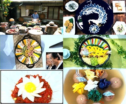 식객에서 등장한 산해진미들. 황복어 회, 도미찜, 소고기 경단탕, 소고기 육회, 꿩 전골(오른쪽 위 시계방향)./영화 스틸 컷