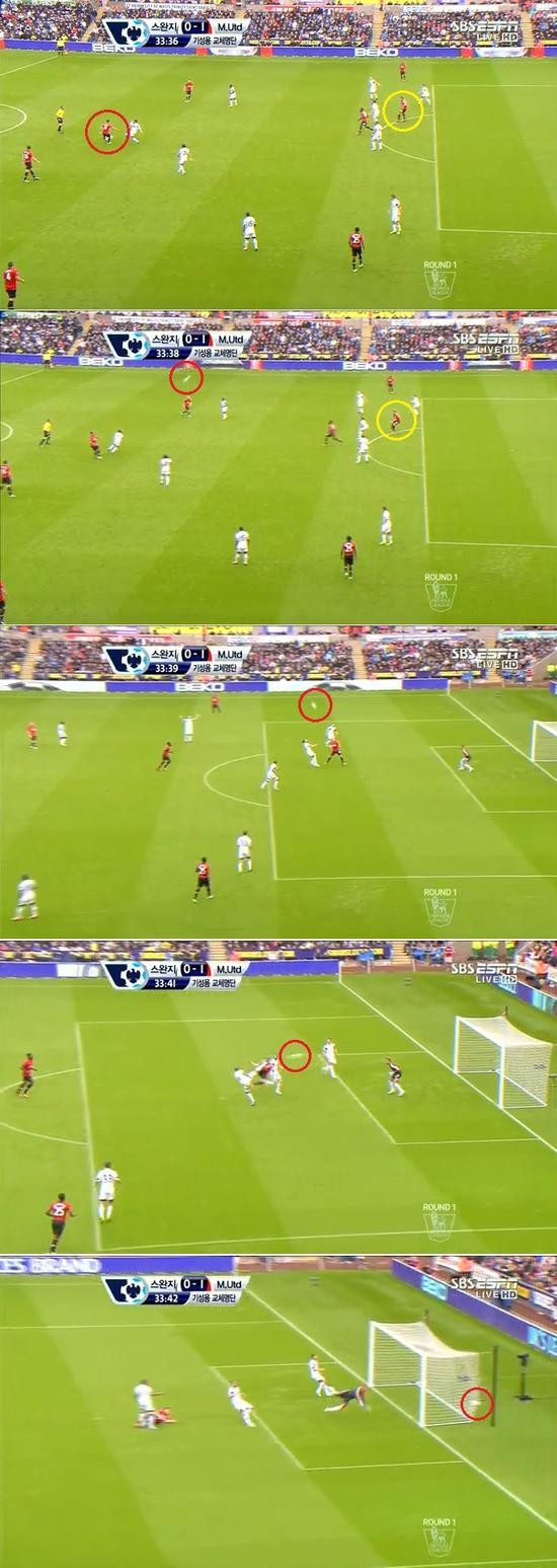 전반 34분 맨유의 로빈 판 페르시가 터뜨린 선제골 장면. 긱스의 넓은 시야와 감각적인 패스가 만든 작품이었다. / SBS ESPN 중계 캡처