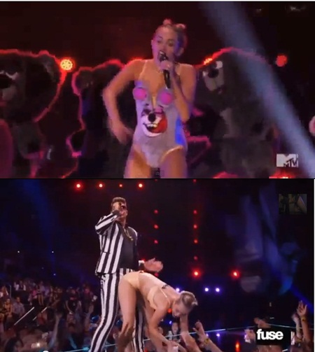 마일리 사이러스가 2013 MTV 비디오 뮤직 어워즈 에서 로빈 시크와 함께 선정적인 퍼포먼스를 펼치고 있다. / 유튜브 영상 캡처