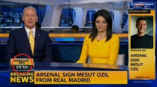 이적 시장 마감 30여 분전 메수트 외질의 아스널행을 보도한 영국 언론. / skysports 캡처