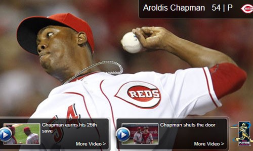 4일 세인트루이스 카디널스와 홈 경기에 9회초 구원 등판해 세 타자 모두를 삼진 처리한 신시내티 마무리 투수 아롤디스 채프먼. / mlb.com