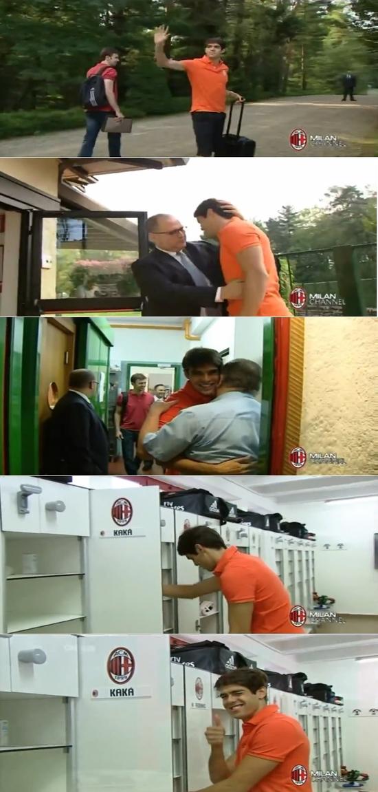 친정팀 AC 밀란으로 복귀한 카카가 4년 만에 팀 훈련장을 찾아 구단 관계자들과 반가운 인사를 나눴다. / 유튜브 영상 캡처