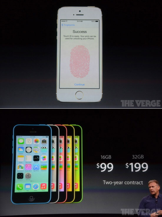 아이폰5S(위)와 아이폰5C가 공개됐다./ 더 버지 캡처