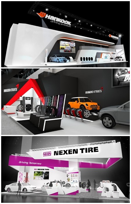 한국타이어, 금호타이어, 넥센타이어(위쪽부터) 등 국내 타이어 업체 빅3가 2013 프랑크푸르트에서 유럽 차 부품시장 공략을 위해 전시장을 마련했다./한국타이어, 금호타이어, 넥센타이어 제공