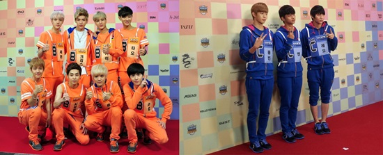 지난 3일 경기도 고양시 고양 체육관에서 진행된 아육대 녹화 도중 허리 부상을 당한 엑소 타오(왼쪽)와 발목을 다친 빅스 레오./MBC 제공