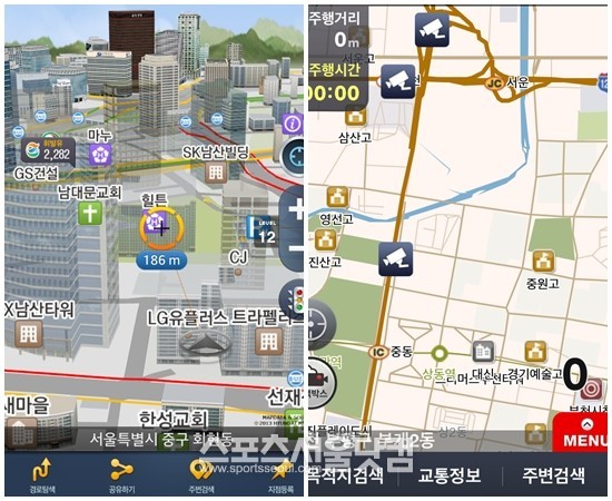 LG유플러스 내비게이션 ‘유플러스 내비 LTE’(왼쪽)는 국내 최초로 스마트폰에서 3D 클라우드 서비스로 운영되며, KT 올레내비는 CCTV와 블랙박스 영상 서비스를 제공한다./더팩트DB