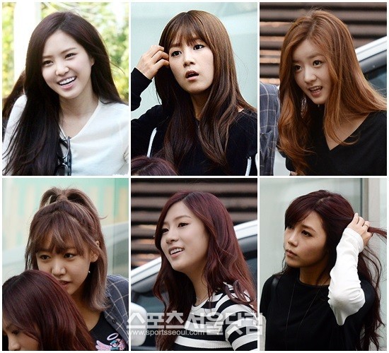 에이핑크의 멤버 손나은, 박초롱, 윤보미, 정은지, 오하영, 김남주(왼쪽 위 부터 시계방향)가 민낯에도 화사한 표정을 지으며 촬영장으로 향하고 있다.