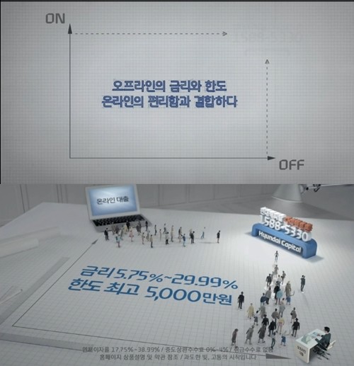 최근 현대캐피탈이 편리한 온라인 대출이라는 광고를 방영하고 있지만 정작 고객의 신용등급에 영향을 줄 수 있는 위험성은 알리지 않아 비난을 받고 있다. / 현대캐피탈 광고 캡처