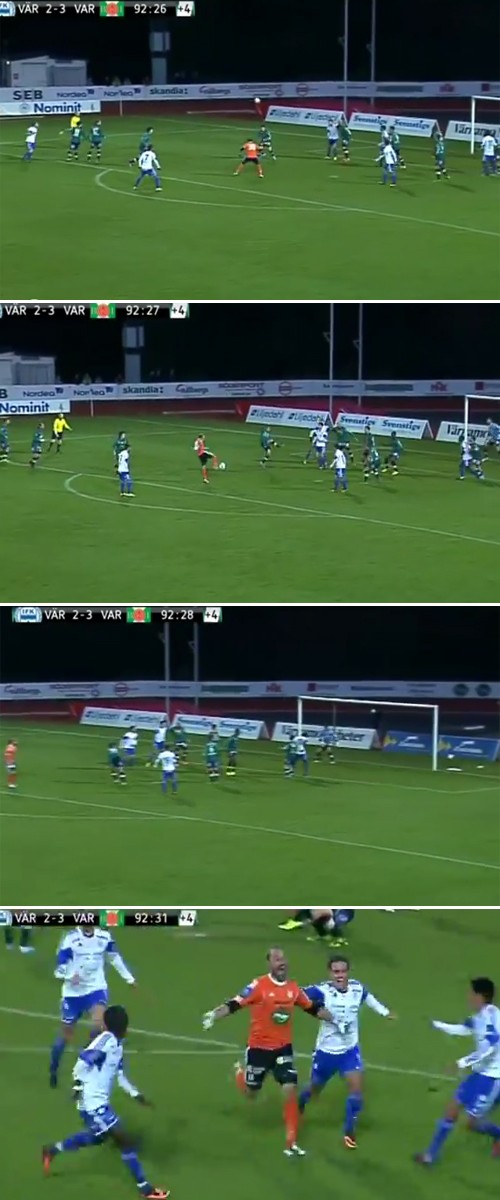 바르나모 골키퍼 비요른 오케손이 지난달 30일 열린 바르베리전에서 2-3으로 뒤진 후반 종료 직전 골을 터뜨리고 있다. / 유튜브 영상 캡처