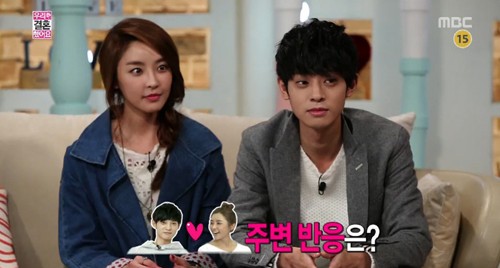 정유미(왼쪽)-정준영이 우리 결혼했어요 스튜디오에 나와 주변 반응을 언급하고 있다. /MBC 우리 결혼했어요 방송 캡처