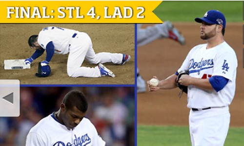 LA 다저스가 16일 열린 2013시즌 메이저리그 포스트시즌 내셔널리그 챔피언십시리즈 4차전 세인트루이스 카디널스와 홈 경기에 졌다. / 다저스 홈페이지 캡처