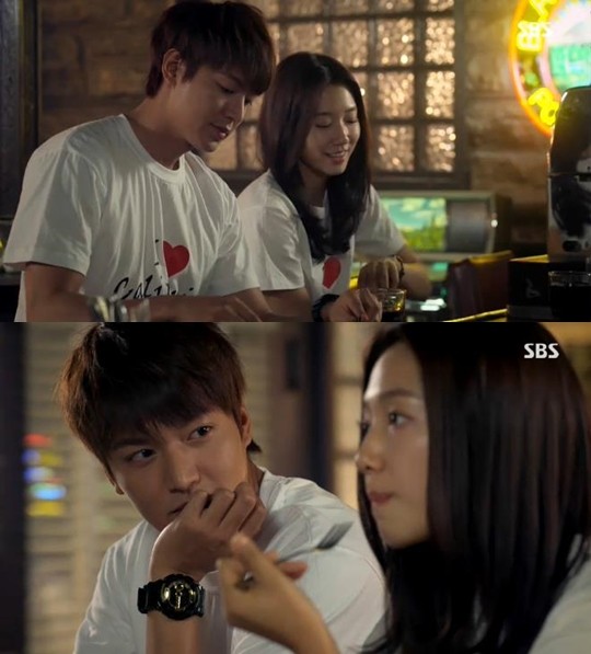 16일 방송된 SBS 수목드라마 상속자들에서 이민호(왼쪽)와 박신혜(오른쪽)는 우연한 사고로 함께 밤을 보내고 있다./SBS 수목드라마 왕관을 쓰려는 자, 그 무게를 견뎌라-상속자들 방송 화면 캡처