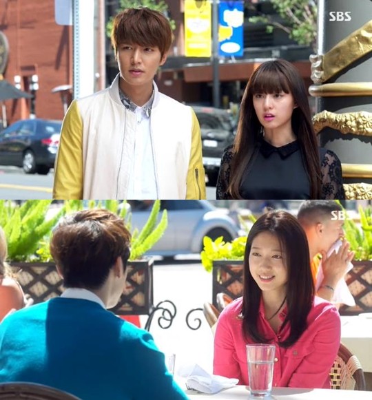 이민호(왼쪽 위)의 예감대로 엘로즈 팬케이크 집엔 박신혜(오른쪽 아래)가 와 있었다./SBS 수목드라마 왕관을 쓰려는 자, 그 무게를 견뎌라-상속자들 방송 화면 캡처