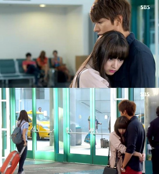 마지막 우연은 공항이었다. 이민호(왼쪽 위)는 김지원(오른쪽 위)을 품에 안은 채 박신혜(왼쪽 아래)를 불렀다./SBS 수목드라마 왕관을 쓰려는 자, 그 무게를 견뎌라-상속자들 방송 화면 캡처