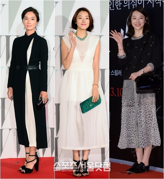배우 오연수, 소이현, 설리(맨 왼쪽 부터)가 롱 드레스로 가을 여인으로 변신했다. / 이새롬 기자, 문병희 기자