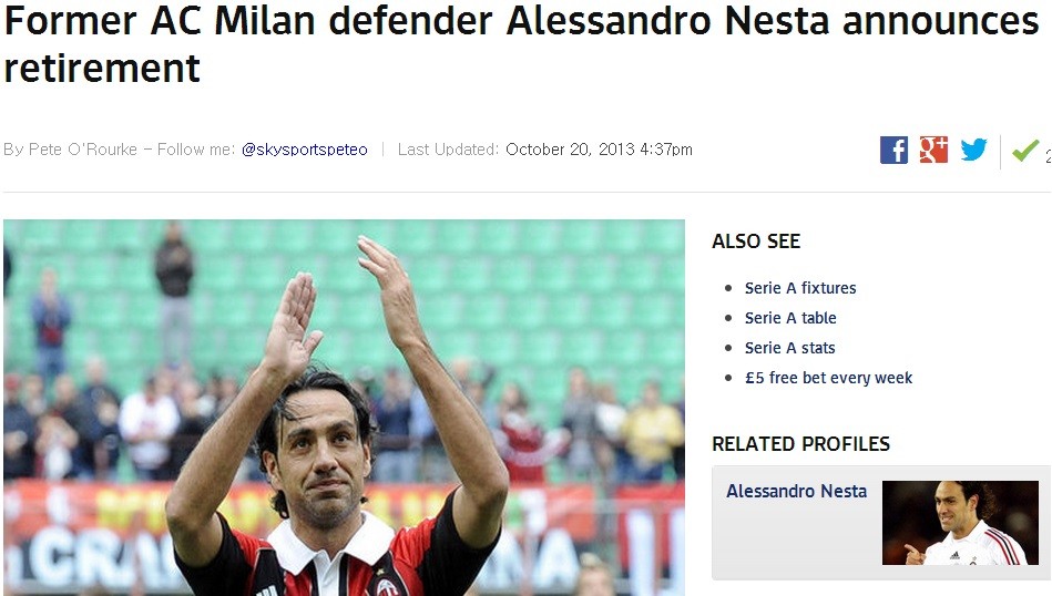 세계 최고 센터백이라 불리던 알레산드로 네스타가 올 시즌을 끝으로 은퇴하기로 결정했다. / 스카이스포츠 보도 캡처