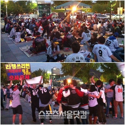 LG의 한 팬의 주도로 시작된 뒤풀이 응원(위)은 가을축제로 바뀌었다. LG 팬들은 경기에 패했지만, 끝까지 팀을 응원하며 슬픔을 이겨냈다. / 잠실=이현용 인턴기자