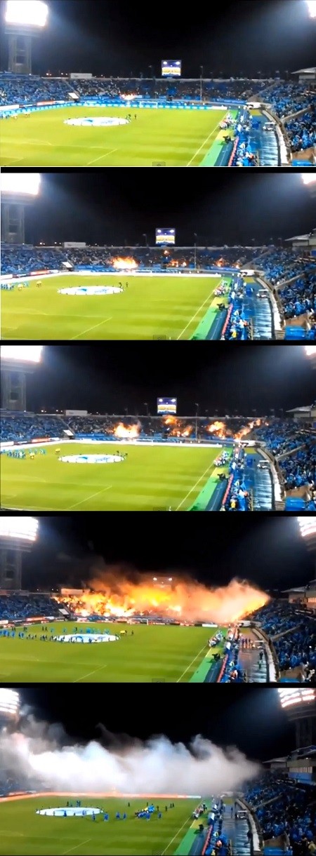 제니트가 지난 19일 페트로프스키 스타디움에서 열린 러시아 프리미어리그 13라운드 CSKA 모스크바와 경기에서 불 쇼를 보이며 원정팀을 맞이하고 있다. / 유튜브 영상 캡처