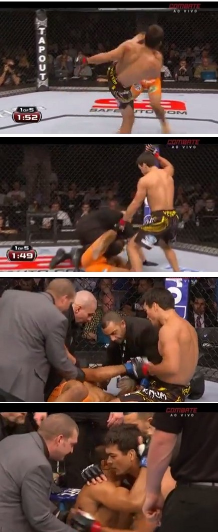 드래곤 료토 마치다가 27일 오전(한국시각) 영국 맨체스터 폰즈 4U 아레나에서 열린 UFN 30 메인이벤트 마크 무뇨즈(35·미국)와 경기에서 상대 파이터에 대한 배려로 감동을 자아내고 있다. / 유튜브 영상 캡처