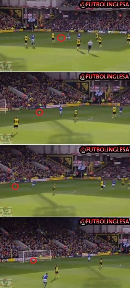 지난 2일 비커리지 로드에서 열린 왓포드와 레스터 시티의 경기에서 왓포드 골키퍼 마누엘 알무니아가 찬 공이 레스터 시티 공격수 크리스 우드의 머리에 맞고 골문으로 들어가고 있다. / 유튜브 영상 캡처