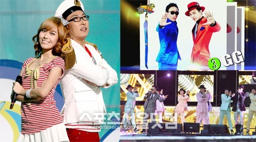 박명수가 2009년 제시카, 2011년 지드래곤, 2013년 프라이머리(왼쪽부터 시계방향으로)와 함께 무한도전 가요제에 나와 음원 대박을 기록하고 있다. /더팩트DB