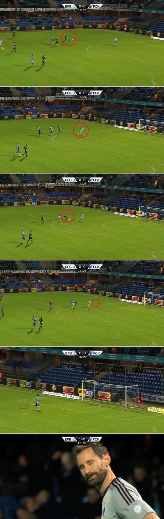 코펜하겐의 베테랑 수비수 올로프 멜베리가 동료 골키퍼와 2대1 패스를 주고 받다 자책골의 주인공이 됐다. / 유튜브 영상 캡처