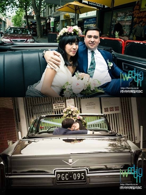 샘 해밍턴 호주 결혼식 사진 속 샘 해밍턴(왼쪽)과 부인 정유미 씨가 키스를 나누고 있다. / 아이웨딩 제공