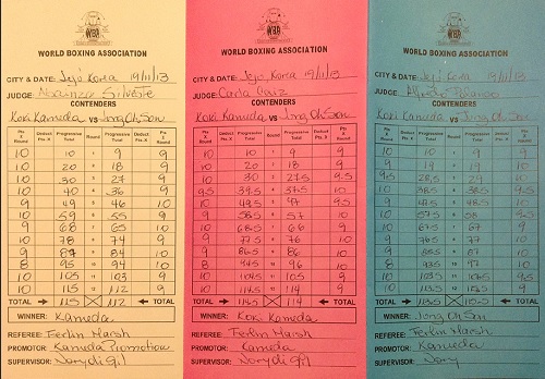 프로복싱세계권투협회(WMA)가 손정오와 가메다 고키의 경기 점수표를 공개했다. / WBA 홈페이지 캡처