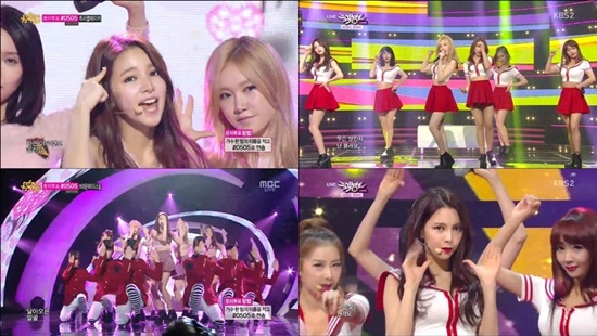 피에스타는 아무 것도 몰라요로 활동하며 귀여운 콘셉트(왼쪽)와 조금 더 섹시미를 강조한 콘셉트를 모두 보여줬다. / MBC 쇼 음악중심, SBS 인기가요 방송 캡처