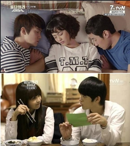 응사의 고아라(위, 가운데)에겐 유연석(위, 왼쪽)과 정우(위, 오른쪽)가 러브라인을 형성하고 있다. 응칠의 정은지(아래, 왼쪽)는 서인국과 첫사랑을 완성했다./케이블채널 tvN 응답하라 1994, 응답하라 1997 방송 화면 캡처