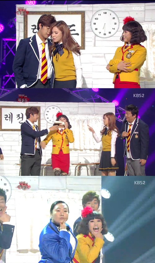 서태훈(위 맨 왼쪽)이 신보라에게 달콤한 고백을 건네 객석의 환호를 자아내고 있다./KBS2 개그콘서트 방송 캡처