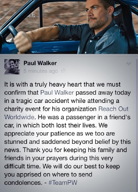 할리우드 배우 폴 워커가 지난달 30일 오후(현지 시각) 사망해 팬들에게 충격을 안기고 있다./영화 스틸컷, 폴 워커 트위터 캡처