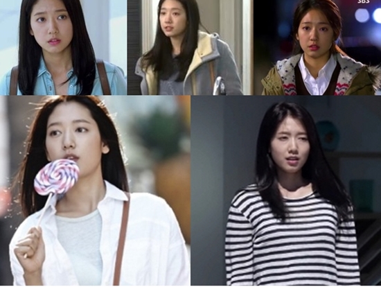 배우 박신혜는 SBS 수목 드라마 상속자들에서 가난 상속자 차은상 역을 표현하는 수수한 스타일을 보여주고 있다./화앤담픽처스 제공, SBS 상속자들 방송 화면 캡처