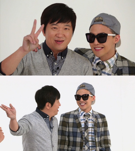 GD(오른쪽)가 최근 진행된 케이블채널 MBC에브리원 주간아이돌 촬영 현장에서 정형돈에게 적극 애정을 표현해 웃음을 자아내고 있다./MBC에브리원 제공