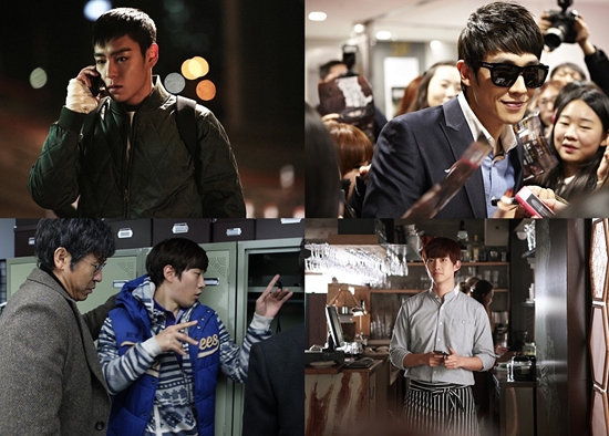 2013년 개봉한 영화에서 주·조연으로 캐스팅돼 열연한 빅뱅의 탑, 엠블랙 이준, 2PM 옥택연, 이준호(왼쪽 위부터 시계방향)./영화 동창생, 배우는 배우다, 결혼전야, 감시자들 스틸 사진