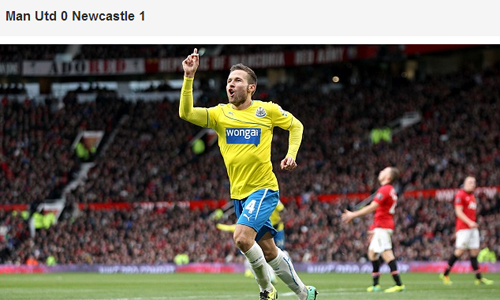 뉴캐슬 유나이티드의 미드필더 요한 카바예가 7일 열린 맨체스터 유나이티드와 2013~2014시즌 잉글리시 프리미어리그 15라운드에서 후반 16분을 터뜨린 뒤 기뻐하고 있다. / 뉴캐슬 홈페이지 캡처
