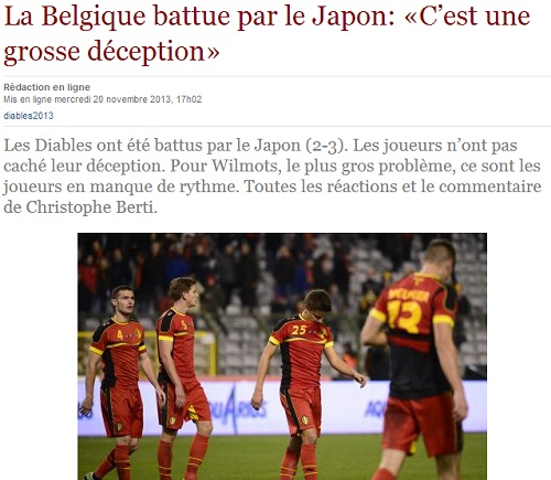 일본 축구에 패한 자국 축구 대표팀 소식을 전한 벨기에 언론. / 르 수아르 보도 캡처