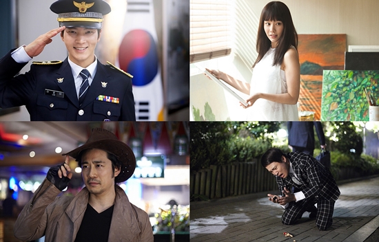 캐치미에서 열연한 주연배우 주원, 김아중과 카메오 차태현, 조연배우 백도빈(왼쪽 위부터 시계방향)./영화 캐치미 스틸